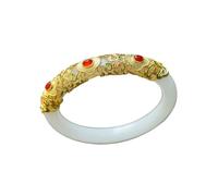 HQHYGM White Jade Bangle Bracelet for Women Good Luck Bangle Woman Fashion Red Rhinestones Decorated Ancient Gold Inlaid Jade Stone Bracelet(Jade Stone Bracelet35, 60-61)