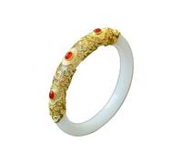 HQHYGM White Jade Bangle Bracelet for Women Good Luck Bangle Woman Fashion Red Rhinestones Decorated Ancient Gold Inlaid Jade Stone Bracelet(Jade Stone Bracelet35,58-59)