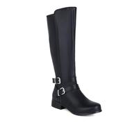HQINGAXU Mujer Botas Altas Punta Redonda Marrones Tacón Chunky Botas Caballero Invierno Cuero Botas Cuero Media Pantorrilla Ajuste Ancho Tacón Alto Hebilla Biker Exterior Fiesta,Negro,40 EU