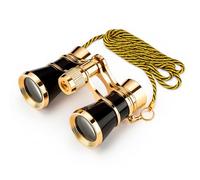 HQRP Prismáticos de teatro con lentes de ópera de 3 x 25 pulgadas, con óptica transparente (CCO), negro con ribete dorado con cadena de collar, para adultos, niños y mujeres, en conciertos musicales