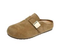 HRGKLMN Zuecos para Mujer de Cuero de Gamuza, Pantuflas Retro para Mujer con Hebilla, cómodas Zapatillas Planas de Verano para Ocio, Oficina y Uso Diario,Caqui,39 EU