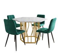 hrijusdif Esstisch- und Stuhlset (5-Teiliges Set), moderner sechseckiger Marmor-Esstisch + 4 Esszimmerstühle aus grüner Samt, um Ein warmes und modernes Restaurant zu schaffen, Goldfarbene Tischbeine