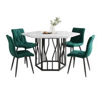 hrijusdif Esstisch- und Stuhlset (5-Teiliges Set), moderner sechseckiger Marmor-Esstisch + 4 Esszimmerstühle aus grünem Samt, um Ein warmes und modernes Restaurant zu schaffen