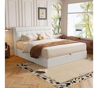 hrijusdif Lit Rembourré de Style, 140 x 190, lit hydraulique, Rangement caché au Chevet, Rangement Pour le coffre de lit, PU, Avec sommier à Lattes et Avec tête de lit, sans matelas, Blanc