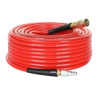 Hromee Manguera de aire de poliuretano de 1/4 pulgadas x 100 pies con restrictores de curva, manguera de compresor de poliuretano con acoplador rápido industrial de 1/4 pulgadas y kit de enchufe, rojo