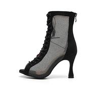HROYL Botas de Baile Latino Mujer Botines Punta Abierta con Cordones Zapatos de Baile de Salon,QJW7179-Negro-7.5,EU 36.5