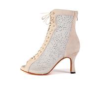 HROYL Botas de Baile Latino Mujer Punta Abierta Botas de Baile Tobillo para Salsa Bachata Tango Práctica Performance de Salon DS7180-Beige-8.5-S, 40 EU