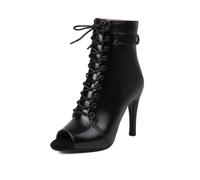 HROYL Botas de Baile Latino Mujer Tacones de Baile Heels Botines de Punta Abierta con Cordones,DS-02-Negro-7-R,EU 37
