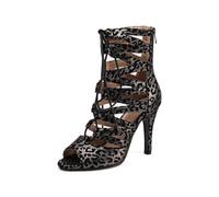 HROYL Botas de Baile Tobillo para Mujer Latino con Cordones Zapatos de Baile Salsa de Salón,193-Leopardo Negro-S,EU 35