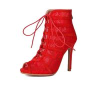 HROYL Botas de Danza Latino Mujer Salsa Zapatos de Baile de Salon con Cordones,DSY111-Rojo-11, 38 EU