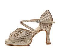 HROYL Zapatos de Baile Latino para Mujer con Plataforma Salsa Tango Bachata Vals de Baile de Salón L458 Champán 8.5 cm Tacón, EU35