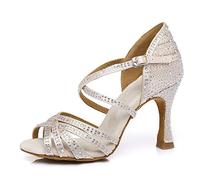 HROYL Zapatos de Baile para Mujeres y Niñas Latino de Diamantes de imitación Señoras Salsa Latina Tango Zapatos de Boda de satén,ESYCL377-7.5,Beige,36EU
