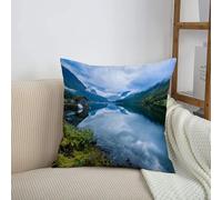 HRRASFAZF Funda de cojín de 50 x 50 cm,Funda de Almohada Cuadrada de algodón, Coche, Dormitorio, decoración del hogar,Fotografía de Naturaleza y paisajes con cabañas de Madera Clear River y montañas
