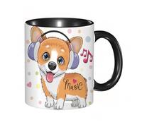 HRRASFAZF Taza divertida de cerámica de 11 onzas,Lindo perro Corgi de dibujos animados con auriculares sobre un fondo bla,Tazas Originales de Desayuno - Graciosos Ideas para Regalos - Cerámica 330 ml