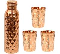 HRS India - Botella de agua de cobre puro diamante de 950 ml, 3 vasos de vidrio de 300 ml, salud ayurveda