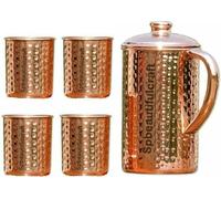 HRS India - Jarra de agua de cobre puro martillada de 2 litros, 4 vasos de vidrio de 300 ml, beneficios para la salud
