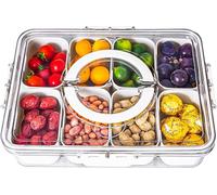 HRXFOZ Bandeja dividida para servir con tapa y asa, caja de aperitivos de 8 compartimentos, bandeja de frutas y verduras, bandeja portátil para caramelos, frutas, frutos secos, aperitivos, fiesta