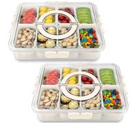 HRXFOZ Bandeja dividida para servir con tapa y asa, caja de aperitivos de 8 compartimentos, plato portátil para frutas, verduras, frutos secos, entretenimiento de fiesta, picnic (2 piezas)