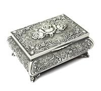HS Organizador de Plata para Anillos y Pendientes - Joyero Vintage Floral Guarda Joyas - Diseño de Cofre del Tesoro con Forro Efecto de Terciopelo