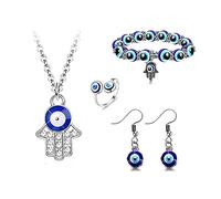 HSAJS Ojo Turco Collares Mujer Hombre Amuleto Mal de Ojo Colgante Collares Pulsera Mano de Fatima Pendientes y Anillos Collar Pareja Amuletos de la Suerte y Proteccion Regalos para Familia