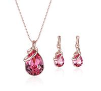 HSAJS Oro Rosa Conjuntos de Joyas para Mujer y Niñas,Cristal Juego de Collar y Aretes,Gota de Agua Collares y pendientes de plata Boda Fiesta Cumpleaños Día de San Valentín Regalos (Rojo)