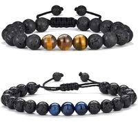 HSAJS Pulseras Ajustables Piedra Natural 8mm Cuentas Redondas Brazalete Trenzado Cordón Negro Joyería Artesanal