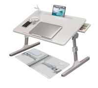 HshDUti Escritorio plegable para regazo, mesa de cama con soporte para laptop, ranura para tableta, altura y ángulo ajustables, puerto de carga USB, luz y ventilador, color blanco