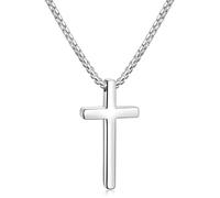 Hshenjhu Collar Cruz, Colgante Cruz Cadena Acero Inoxidable, Cadena Collar para Hombre Mujer 55 cm, Crucifijo Colgante para Cristianos Católicos Comunión Religiosa, Bautismo, Misa, Biblia, Plata