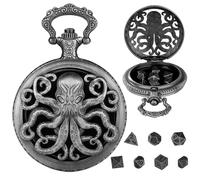 Hshenjhu Mini Dados DND con Steampunk Hueco Pulpo Caja de Reloj de Bolsillo, 7 Piezas Poliédrico Metal Juego D&D, Accesorios de Juegos de Mesa, Pistola Negra
