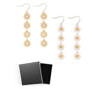 HSIXHAF 2 Pares Pendientes De Oro y Plata Boho Margarita Flor Pequeña, Diseño Colgante Largo con Esmalte Blanco para Boda, Mujeres y Niñas