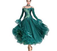HSJFS Vestidos de Baile de salón Bordados Traje de espectáculo de vals sin Tirantes Vestido de competición de Tango Moderno de Manga Larga,Dark Green,XXL