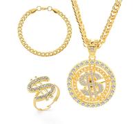 HSKRKOW 3 Piezas 80S 90S Hip Hop Disfraces Kit, Cadena De Oro Hombre Para Mujer Hombre, Falsa Oro Cadena Pulsera Rapero Dollar Sign Collar Dedo Anillo Dj Punk Hippie Discoteca Carnaval Cosplay Traje