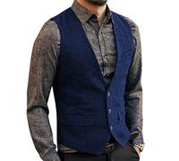 HSLS Chaleco de traje casual para hombre Chaleco sólido de tweed de lana de corte slim(L, Azul real)
