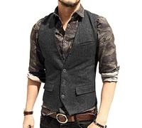 HSLS Chaleco de traje casual para hombre Chaleco sólido de tweed de lana de corte slim(L, Gris)