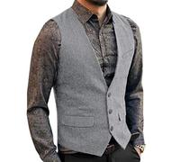 HSLS Chaleco de traje casual para hombre Chaleco sólido de tweed de lana de corte slim(L, Gris plateado)