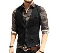 HSLS Chaleco de traje casual para hombre Chaleco sólido de tweed de lana de corte slim(L, Negro)