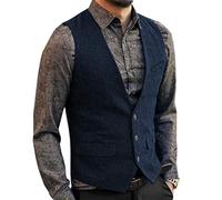 HSLS Chaleco de traje casual para hombre Chaleco sólido de tweed de lana de corte slim(M, Azul marino)