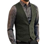 HSLS Chaleco de traje casual para hombre Chaleco sólido de tweed de lana de corte slim(M, ejercito verde)