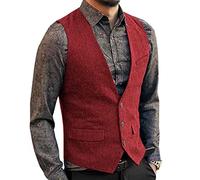 HSLS Chaleco de traje casual para hombre Chaleco sólido de tweed de lana de corte slim(M, Rojo)