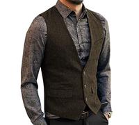 HSLS Chaleco de traje casual para hombre Chaleco sólido de tweed de lana de corte slim(S, Café)