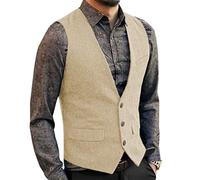 HSLS Chaleco de traje casual para hombre Chaleco sólido de tweed de lana de corte slim(S, champán)