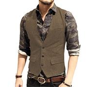 HSLS Chaleco de traje casual para hombre Chaleco sólido de tweed de lana de corte slim(S, marrón)