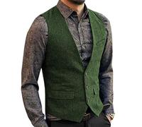 HSLS Chaleco de traje casual para hombre Chaleco sólido de tweed de lana de corte slim(XL, Verde)