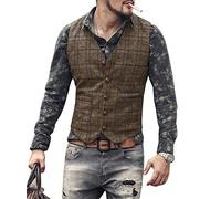 HSLS Chaleco de traje de espiga para hombre Chaleco de tweed de negocios de corte ajustado Lana a cuadros(S, Café)