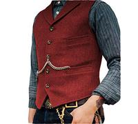 HSLS Chaleco de traje de negocios para hombre Chaleco de tweed de lana de solapa con muesca de ajuste regular para boda(L, Rojo)