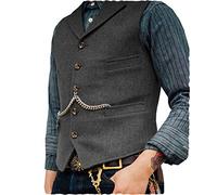 HSLS Chaleco de traje de negocios para hombre Chaleco de tweed de lana de solapa con muesca de ajuste regular para boda(L, Gris)