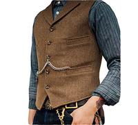 HSLS Chaleco de traje de negocios para hombre Chaleco de tweed de lana de solapa con muesca de ajuste regular para boda(S, marrón)