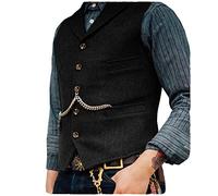 HSLS Chaleco de traje de negocios para hombre Chaleco de tweed de lana de solapa con muesca de ajuste regular para boda(M, Negro)