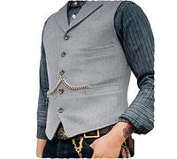 HSLS Chaleco de traje de negocios para hombre Chaleco de tweed de lana de solapa con muesca de ajuste regular para boda(XXL, Gris plateado)
