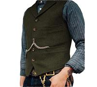 HSLS Chaleco de traje de negocios para hombre Chaleco de tweed de lana de solapa con muesca de ajuste regular para boda(L, ejercito verde)